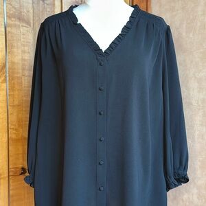 CeCe Black Ruffle Trim Button-Front Blouse